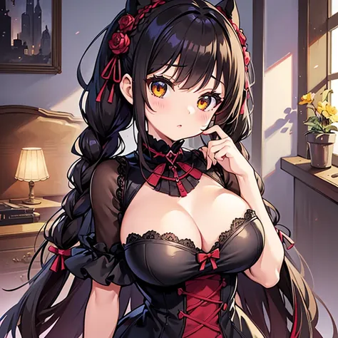 A little girl of short stature with unrealistic proportions,huge breasts and chibi body.in a modern room she wears a Gothic red and black dress to compliment her yellow braids