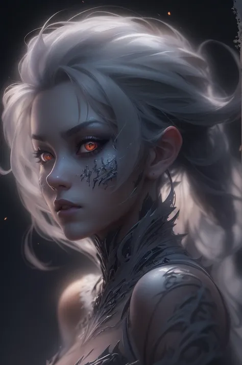 Ultra detailed illustration painting of a luminous and enchanting bad girl undead/human-like creature with dark hair, dynamic pose, anime style, dimly lit dark fantasy realm enviroment, mid shot, rule of thirds depth of field intricate details, concept art...