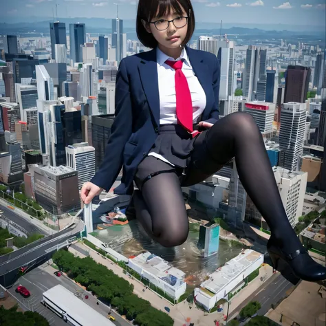 Multiple girls, giantess art, a hyperrealistic schoolgirl, , highly detailed giantess shot, der riese, Shorthair, Black pantyhose, Giant high school girl much bigger than a skyscraper。Wearing rimless glasses。Colossal tits。Navy blue blazer、Red tie、Mini Leng...