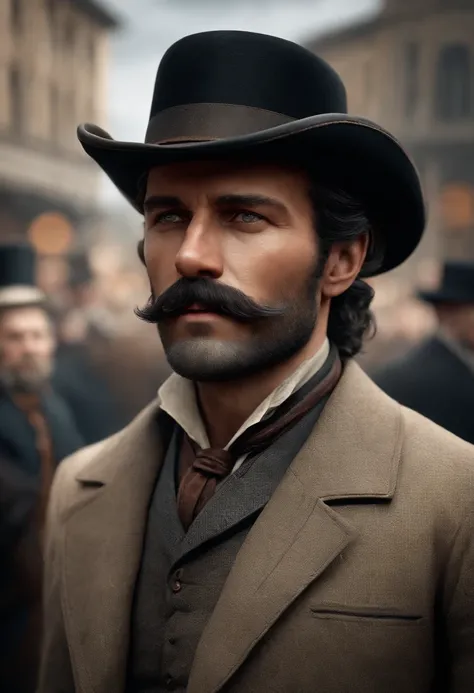 A picture of Dutch speaking passionately to a crowd of people in a crowded city square.,Red Dead Redemption 2,Well groomed man in late forties early fifties. Oily black hair which is swept back, neatly trimmed black moustache with patch of beard on his chi...