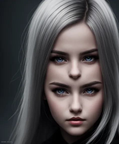 Young girl with white hair and grey eyes, she is plain looking, surrounded hy darkness
realistic art