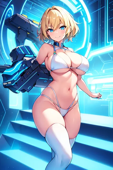 1girl, large breasts, breasts, wide hips, blonde hair, very short hair, short hair, blue eyes, smile, smirk, smug, bikini, white bikini, neon, neon trim, blue neon trim, machinery, tech, futuristic, science-fiction, shoes, sneakers, v-string, thighhighs,