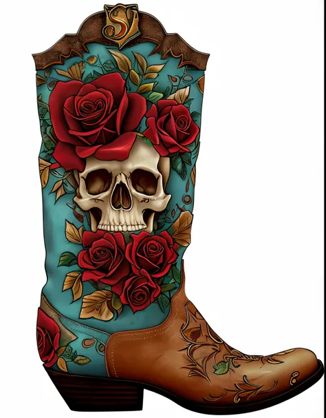 arafed&#39;s skull and rose boots image, full color digital illustration, killer boots, colored illustration for tattoo, cowboy boots, Stylized digital illustration, detail-rich、many color, Sugar skull, full-colour illustration, detailed digital illustrati...