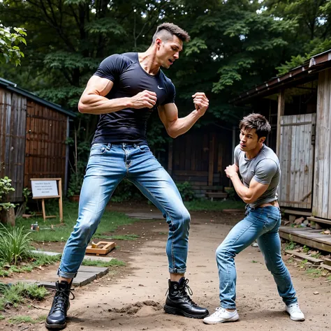 An extremely tall very fit muscular serious German athlete  in jeans overwhelmingly fighting against a very very short very slim thin young man in his thirties terrified of him, at abandoned backyard