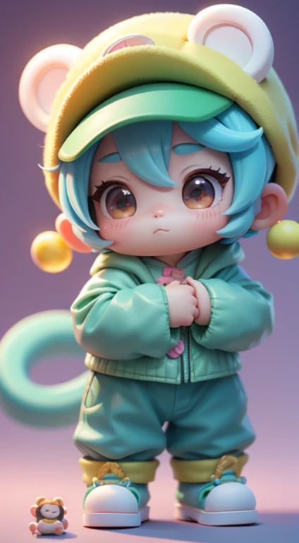 Chinese zodiac，Super cute boy wearing monkey hat，Technology elements，Stylish clothes，Bubble Mart super cute IP，tchibi，Good role model，A blind box toy，Delicate gloss，clean backdrop，3 Rendering，OC Render，Best quality，4K，super detailing，front-facing view，POP ...