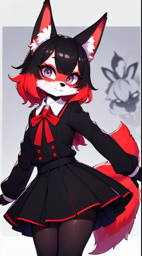 Anime Furry girl, loba com cara de malvada, uma calda, olhos vermelhos, pelo acinzentado, wearing black and red school uniform and black tights, encostada numa parede de tijolos vermelhos