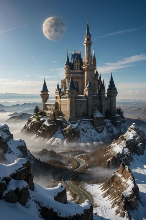 beautiful fantasy mountains with castle and dragon