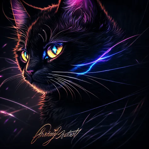 (best quality,4k,Altas,master part:1.2),ultra-detalhado,(Realistic:1.37),logotipo do gato preto,Nome Me-Mow,Neon Effects,illustration,olhos brilhantes,foco nítido,vivid colors,cena noturna,textura detalhada do pelo,elegante e elegante,trilhas leves,soft an...