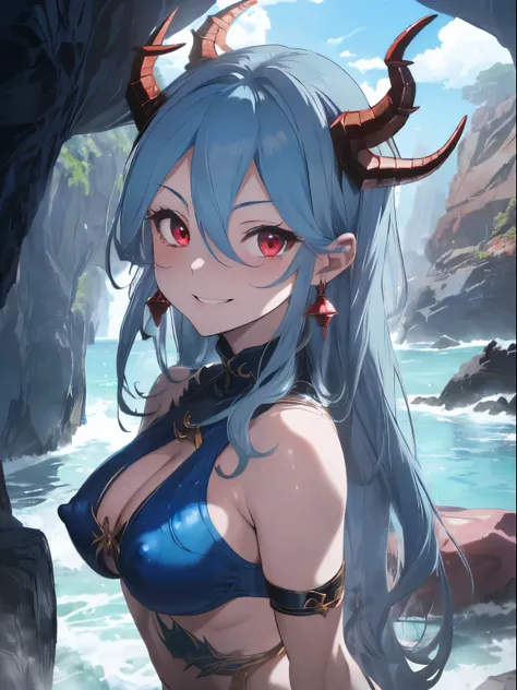 (ultramarine dull blue hair),(Long curled hair),(Red eyes),Slight red tide,((A place surrounded by rocks that looks like a dark cave)),((Lanterns with pale blue light are lined up)),(A dragon wing-like hair ornament or horns on the head),((tusk)),(Bold clo...