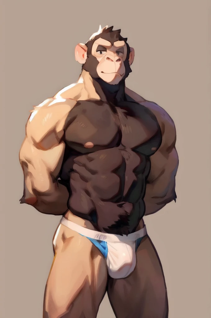 Solo, Furry, Anthro, chimpanzee, Male, E621, Standing, Muscular, Hands behind back, Wearing underwear, Plain background, Front view, Light skin, By bebebebebe