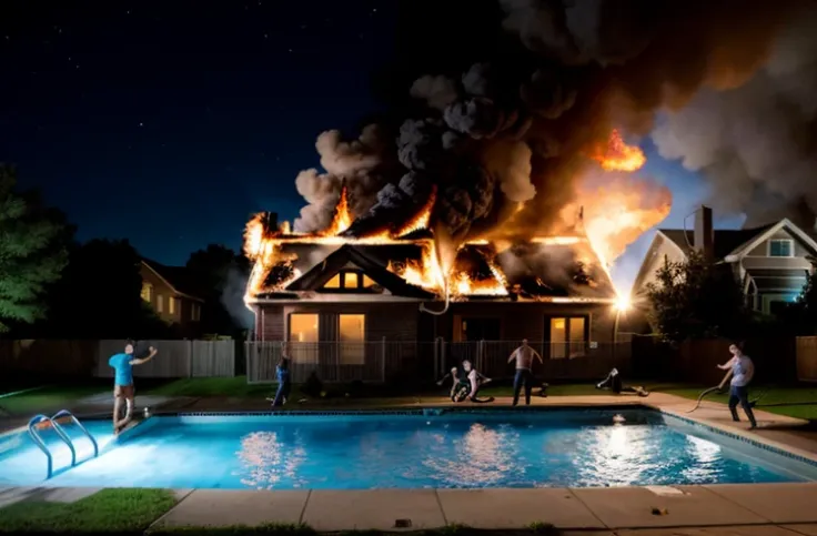 realistic people running away from a burning frat house some people on fire and its three guys watching this happen from the side of the street the house is on and they see to the. right of the house a pool and they laugh