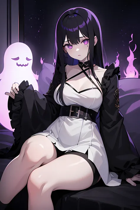 young female anime character, medium black hairstyle, pale skin, wearing dark royal outfit dress, purple eyes, gloomy, sitting in a dark room alone, scary ghosts flying around her, bruised skin, dark markings on hands and body, vague expression