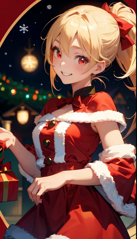 1girl in、a blond、Pony tail、Red Eyes、small tits、A smile、Laugh、Christmas、Dressed in Santa Claus costume、Colors based on red and green