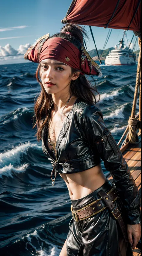 Y2k  pirate fashion, y2k pirate outfit, vibrant mid-ocean ship scene, immersed in the vibrant atmosphere of a mid-ocean ship. The mid-ocean ship scene is alive, a lively mid-ocean ship,  and people having fun because pirating, capturing the spirit of mid-o...