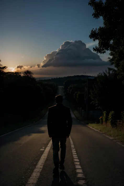 The silhouette of a man walking down a long road and an angel coming from heaven touching this man&#39;s head.