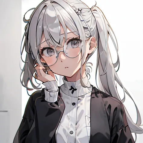 【Highest Quality, masutepiece】 [girl, Manteau, expressioness, brown eyes,glasses, sanpaku eyes,front facing, blonde hair, Slender beauty,straight haired, long pony tail hair ,Upper body] (Gray white background:1.5), Surprised,