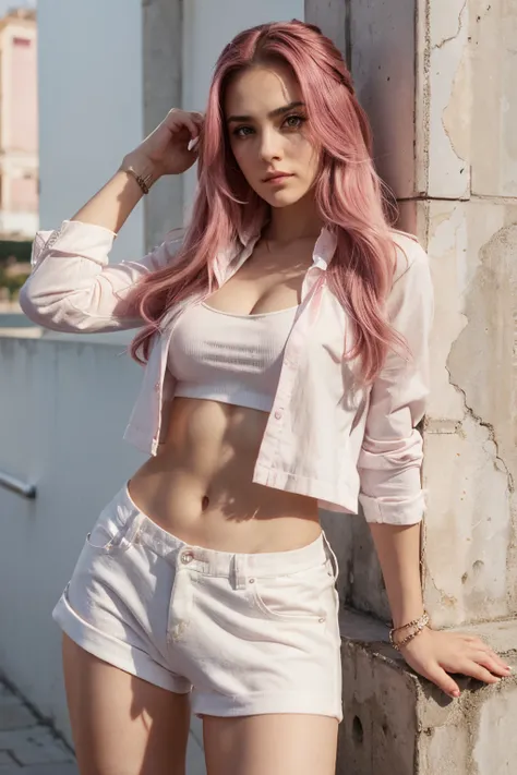 Personaje femenino de Jojos Bizarre Adventure con pelo largo y blanco, ojos rosa claro. ropa rosa y blanca