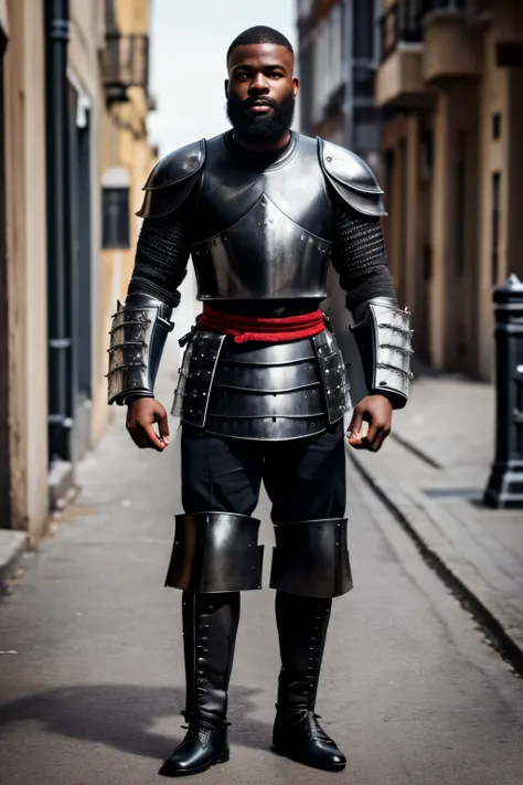 create a black male person with no hair bearded strong wearing black gambeson armor with a broadsword on his back