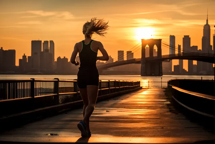 Arafed woman runs along the sidewalk near the bridge at sunset, The girl runs, The girl runs, Free running, Matt Stewart, Golden Hour in Manhattan, running, Golden hour 8 K, Golden hour 8k, Hard morning light, athletic fashion photography, radiant morning ...