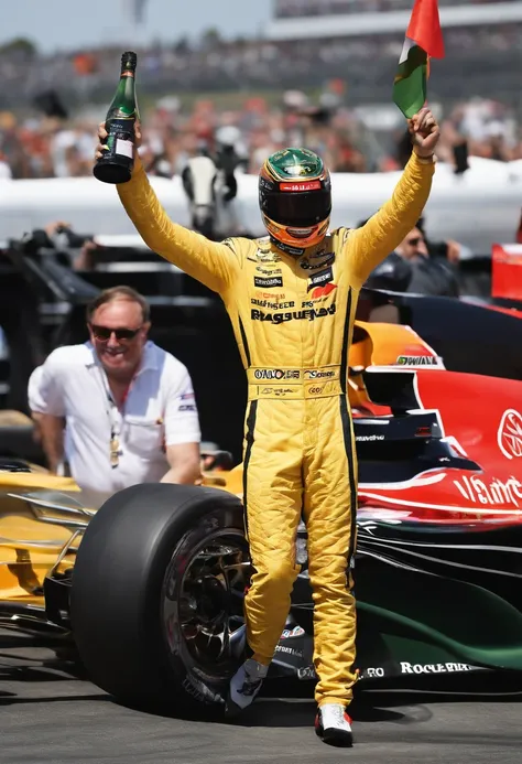 A photo of Sterling celebrating with a bottle of champagne on the winners podium, surrounded by cheering fans and fellow racers.,original,Max “Velocity” Sterling, a fictional Formula One champion, is the epitome of speed and charisma on the racetrack. With...