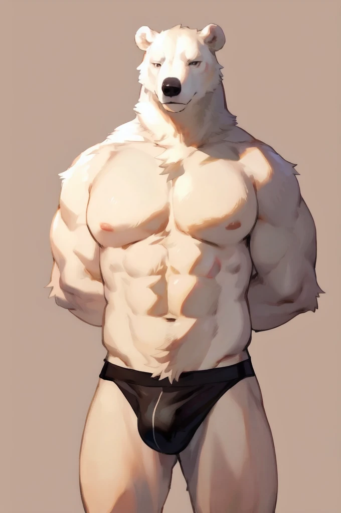 Solo, Furry, Anthro, Polar Bear, Male, E621, Standing, Muscular, Hands behind back, Wearing underwear, Plain background, Front view, Light skin, By bebebebebe