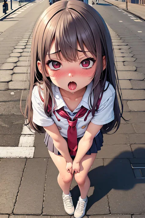 superfine illustration, Perfect Anatomy, Best Quality, Hires, amazing shading, Beautiful skin, 1 little girl, nose blush, Saliva, Ecstasy,  Close eyes, ,School Uniforms ,  Full body, SEX, Opening Mouth, touches crotch, (Rubbing the crotch with your hands:1...