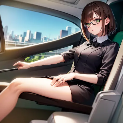 Taxi running in the city, in the taxi, sit down on back seat, 1  brown bob hair woman, green eyes:1.4, glossy mouth, glasses, in a formal suit,serious face, masterpiece, beautiful detailed grow,ultra high res.