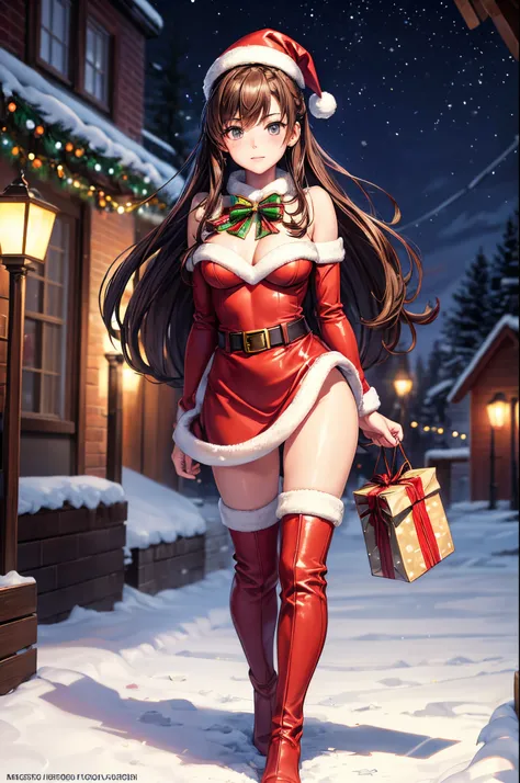 sksbrooke person, sksbrooke, (masterpiece:1.2), (best quality:1.2), perfect eyes, perfect face, 1girl, solo, brown eyes, (medium breasts), perky breasts, seductive look, santa outfit with santa hat and thigh high red boots, nighttime snow village with chri...