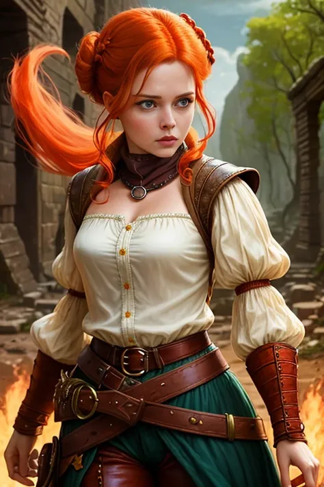 (Face-BarbaraPalvin:0.8) (D&D rogue character:1.2) painting ginger woman auburn hair (updo:1.1) white button shirt see through leather pants pauldron teal armor belts straps detailed background ancient ruins (small_breasts:1.1) (masterpiece) (best quality)...