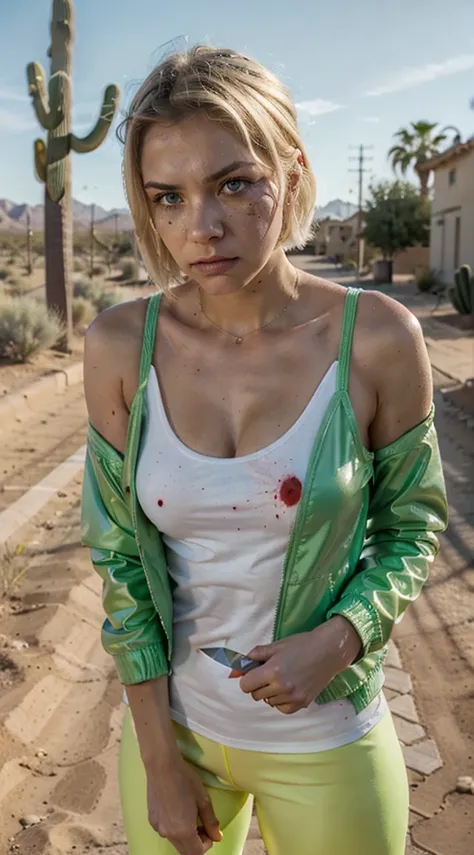 1woman, 100% Jennifer Holland face, solo, white background,   wattson, masterpiece, highly detailed, blue eyes, blonde hair, short hair, Fluorescent green jacket, With a green Fluorescent tank top, Rubber Gloss, white rubber skinsuit,  knife on her hand, Y...