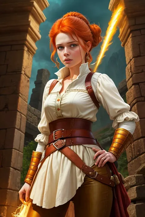 (Face-BarbaraPalvin:0.8) (D&D rogue character:1.2) painting ginger woman auburn hair (updo:1.1) white button shirt see through leather pants pauldron teal armor belts straps detailed background ancient ruins (small_breasts:1.1) (masterpiece) (best quality)...