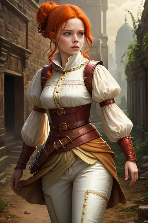 (Face-BarbaraPalvin:0.8) (D&D rogue character:1.2) painting ginger woman auburn hair (updo:1.1) white button shirt see through leather pants pauldron teal armor belts straps detailed background ancient ruins (small_breasts:1.1) (masterpiece) (best quality)...