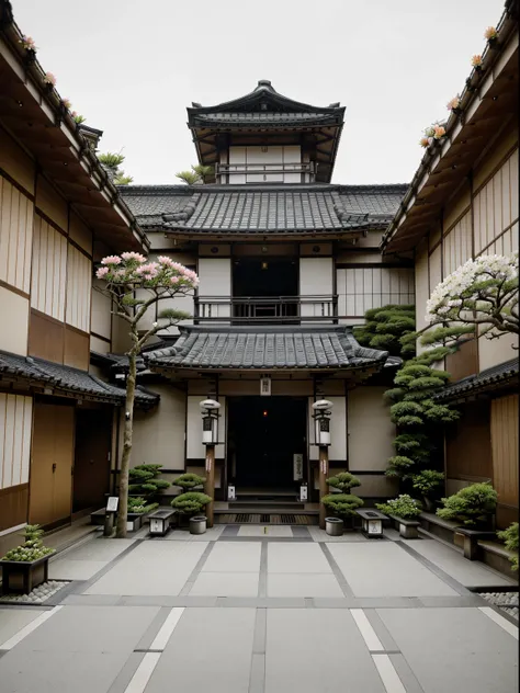 a japanese ryokan with a large old tree and a neat garden, front view of ryokan, entrance, ((standing yakuza group: 1.4)), smoking cigarettes, there are dead branches, (small flower and plant: 1.3), japanese elegant and simple garden, receiving guests, zen...