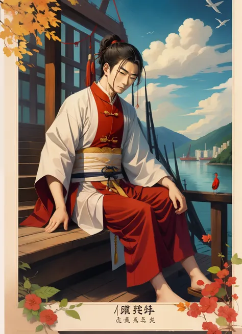 Li Bai is sitting on the wooden steps with cranes around him to create a character introduction picture.