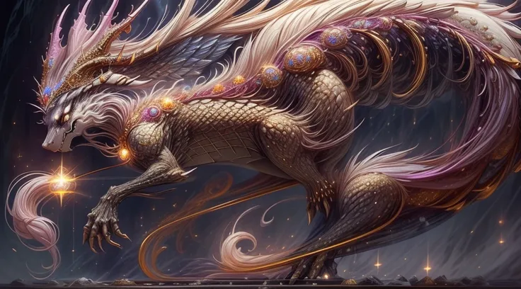 Resplendent, golden scales that capture the light beautifully. Your natural armor is a masterpiece of nature, Centennial Sapphire Eyes emanating an intense light Imposing and Carved Horns Majestic Wingspan. has wings that extend with grandeur. Garras Afiad...