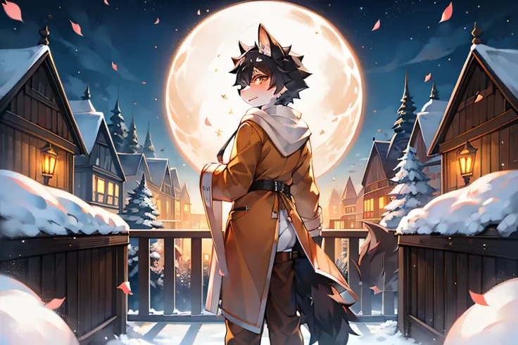 A black-haired wolf，Wearing an orange trench coat，Standing on the roof，White stone railings，moon full，starrysky，stars shining bright，Orange pupils，Crystal pupils，Place your hands on the railing，Peach blossom tree，falling flower petals，White petals，lovely b...