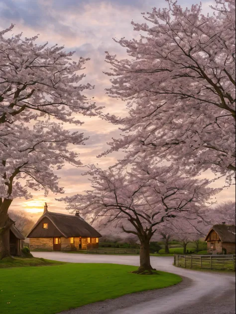 cherry blossom tree, rustic english thatched white cottage, spring, sunset, dramatic lighting, picture postcard, lawn, white fence