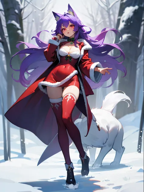 fox girl, fluffy fox tail, petite body, with long purple hair, flowy hair, wearing Christmas dress, santa dress, Christmas themed outfit, Christmas, red dress coat, white puff, cute, majestic, beautiful, goddess, long hair, pink eyes, sexy, princess, expos...