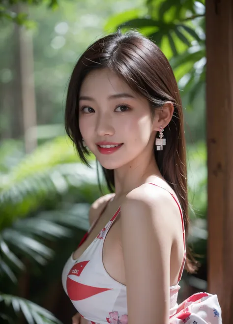 8k, 1girl, japanese, 25 years old, fair white skin, pink cheeks, sexy red lips, printed american flag short chut thai, shoulder length earings, masterpiece, cinematic lightning,  in the forest, bracelets,sweaty body, panting, very affectionate smile: 1.5, ...