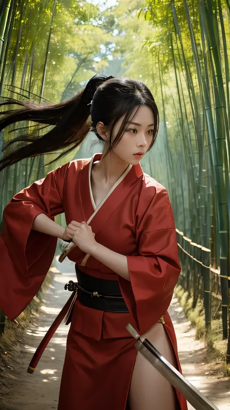 Raw photo of one female samurai, Stand in a combat stance, Pulling the sword out of the sheath in her hand, Ready for Battle, In full samurai attire (Kimono) (Bamboo forest wind), (The wind lifted the leaves), Cut her shoulder ( high skin detail: 1.2), 8K ...