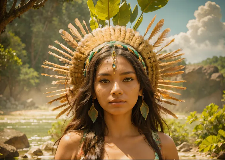 The image shows a woman wearing an indigenous headdress with feathers, in a lush green forest. She is indigenous to Brazil, with her gaze turned towards the camera. The woman is surrounded by a beautiful natural setting, with trees, flowers and rocks visib...