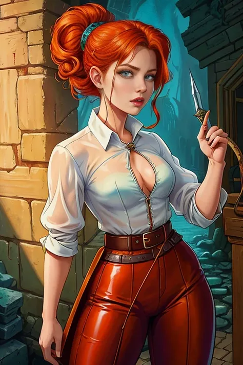 (Face-BarbaraPalvin:0.8) (D&D rogue character:1.2) painting ginger woman auburn hair (updo:1.1) white button shirt see through leather pants pauldron teal armor belts straps detailed background ancient ruins (small_breasts:1.1) (masterpiece) (best quality)...