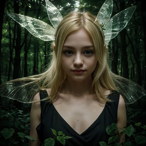 a young fairy, with blonde hair, floating in the dark forest, with transparent wings, beautiful face