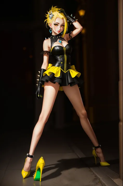 Girl with spiky yellow hair yellow earrings yellow eyes in magical girl outfit exposed toes Black and yellow diamond themed yellow gloves high heels flat chested cute