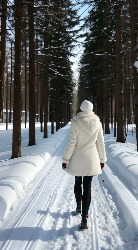 woman, wearing long white fur coat, white woollen hat, black wellington boots, walks on snowy winter lane, walking away from camera, snow on ground, sunrise through trees