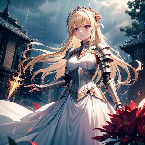 Blonde princess in a glittering white dress、During transformation、Red and black armor、armor shaped like a dragon、(dragon installation)、Wear fighting spirit in your body、Gauntlets in both hands、a large spear stuck in the ground、black cloudy sky、Pouring rain