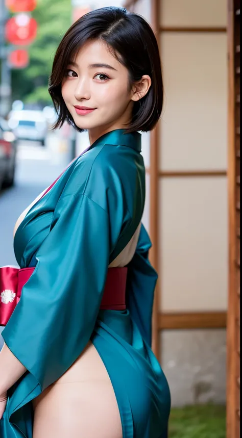 Best-quality, Masterpiece, Ultra-High-Resolution, (Photorealistic:1.4), Raw-Photo, Extremely-Details, Perfect-Anatomy, 1girl, the most popular Japanese actress, back view, (upturned butt, sticking butt out towards viewer), (wearing Japanese colorful KIMONO...