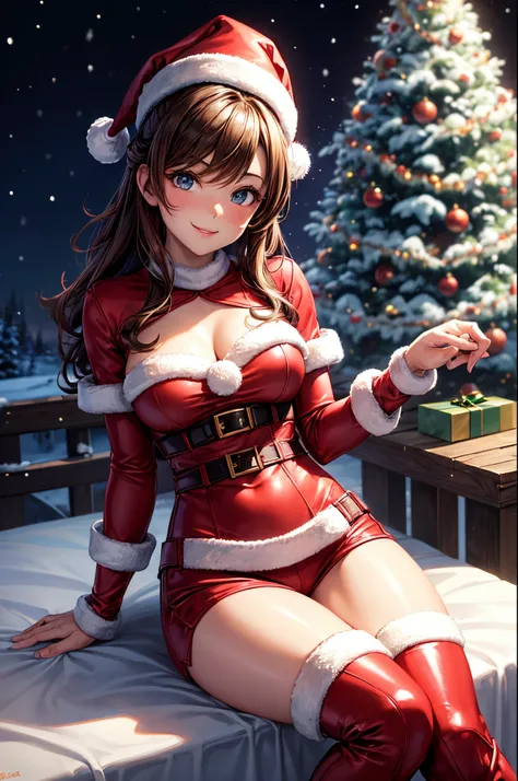 sksbrooke person, sksbrooke, (masterpiece:1.2), (best quality:1.2), perfect eyes, perfect face, 1girl, solo, brown eyes, (medium breasts), perky breasts, seductive look, santa outfit with santa hat and thigh high red boots, nighttime snow village with chri...