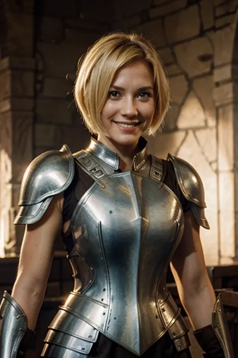 female, blond hair, armor, warrior, short hair, sword, smile