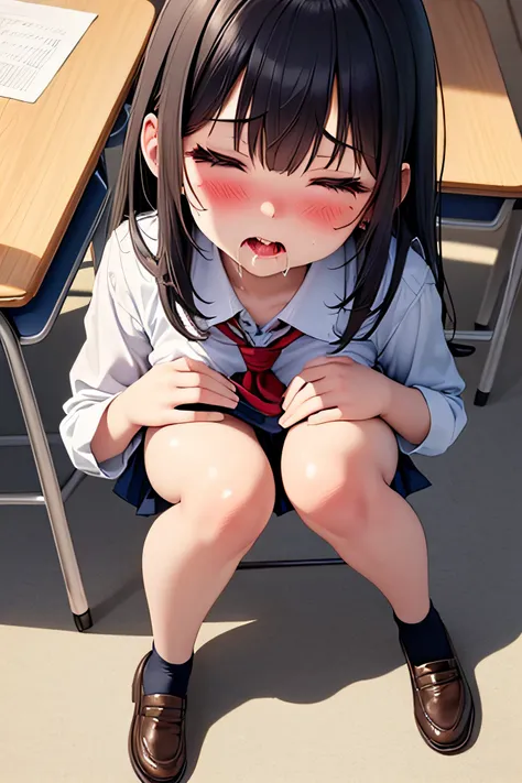 superfine illustration, Perfect Anatomy, Best Quality, Hires, amazing shading, Beautiful skin, 1 little girl, nose blush, Saliva, Ecstasy,  Close eyes, ,School Uniforms , Bare legged, Full body, SEX, Yor, touches crotch, (Rubbing the crotch with your hands...